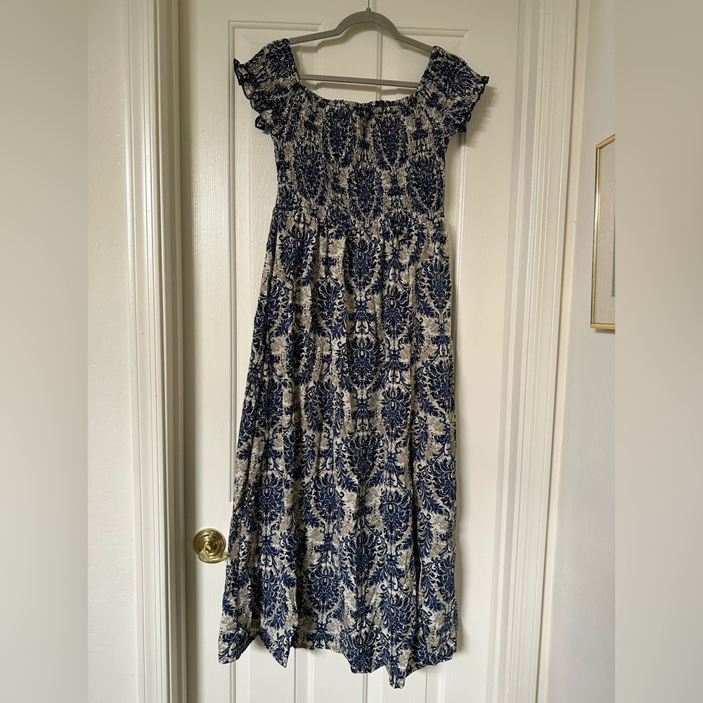 Boho Smocked Maxi Dress Blue, White, Tan Tribal On or Off Shoulder XL BRAND NEW